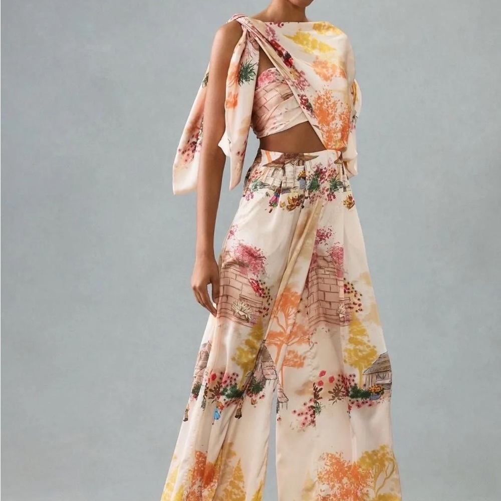 Anthropologie Cream Wide-Leg Pants with Yellow & Orange Floral Print